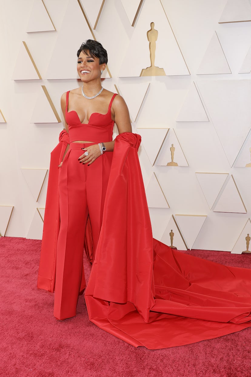 The 2022 Oscars red carpet was full of celebrities in red outfits. Here, Ariana DeBose in Valentino....