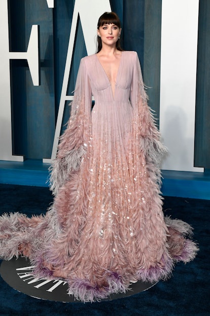 US actress Dakota Johnson attends the 2022 Vanity Fair Oscar Party following the 94th Oscars at the ...