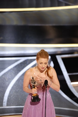 HOLLYWOOD, CA - March 27, 2022. Jessica Chastain after winning the award for Best Actress in a Leadi...