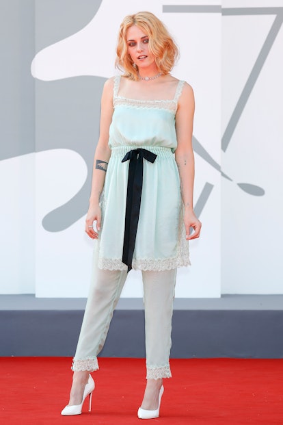 VENICE, ITALY - SEPTEMBER 03, 2021: Kristen Stewart arrives on the red carpet of 'Spencer' during th...