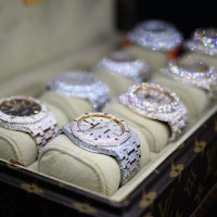 LONDON, ENGLAND - MARCH 19: A jewel-encrusted Audemars Piguet watch is seen in a display case at the...