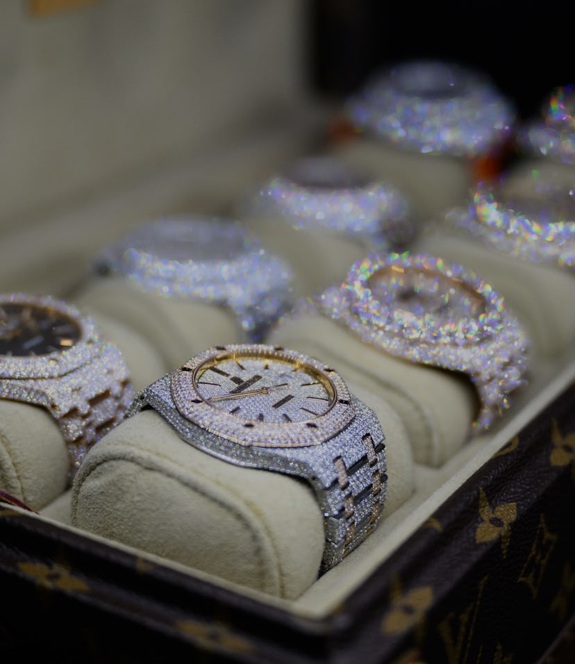 LONDON, ENGLAND - MARCH 19: A jewel-encrusted Audemars Piguet watch is seen in a display case at the...