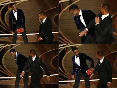 (COMBO) This combination of pictures created on March 28, 2022 shows US actor Will Smith (R) approac...