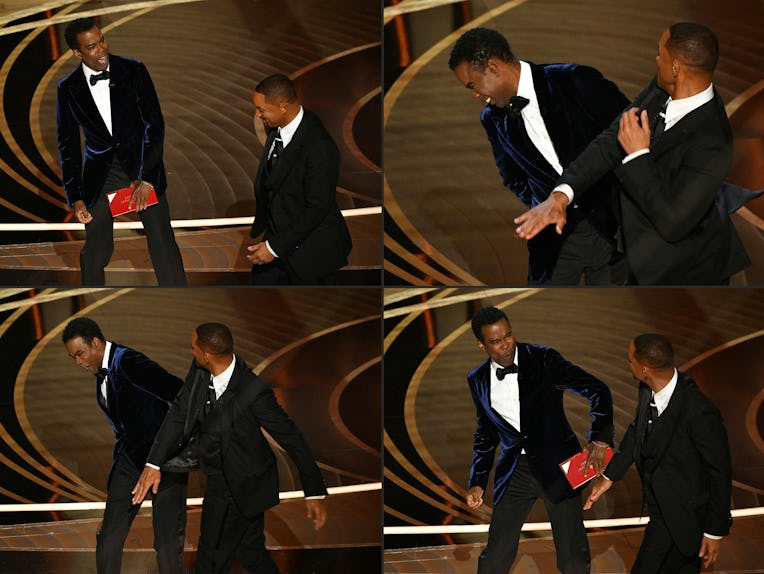 (COMBO) This combination of pictures created on March 28, 2022 shows US actor Will Smith (R) approac...
