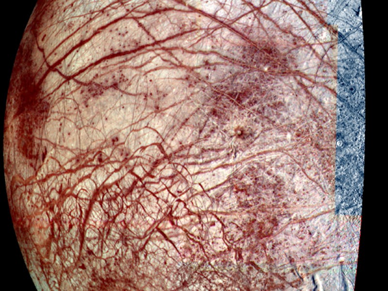 Europa, a moon of Jupiter, appears as a thick crescent in this enhanced-color image from NASA's Gali...