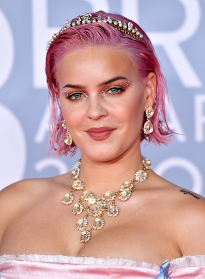 Anne-Marie with rose gold halo eyeshadow and gems at The BRIT Awards 2020.