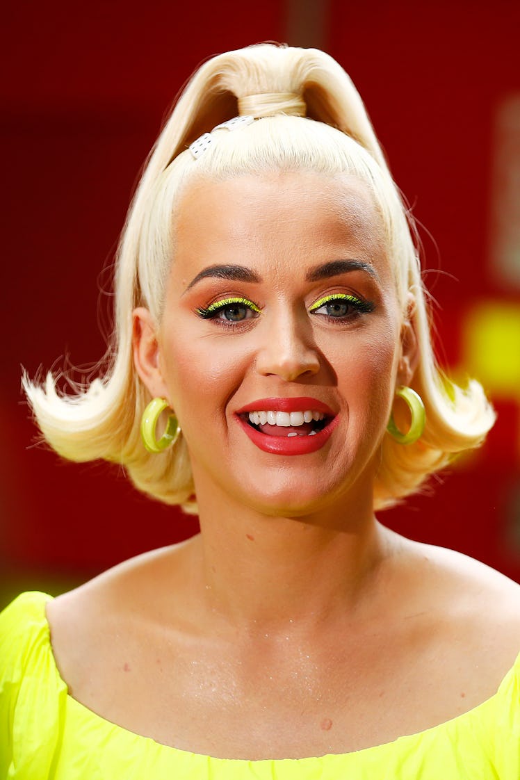 Katy Perry with rose gold eyeshadow and neon eyeliner to media on March 11, 2020 in Bright, Australi...