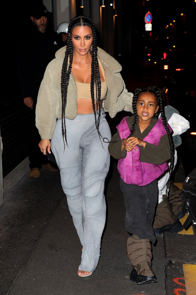 PARIS, FRANCE - MARCH 02: Kim Kardashian West and North West are seen arriving at a restaurant on M...