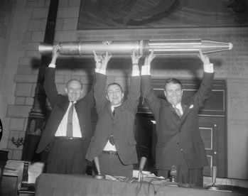 (Original Caption) Washington DC: 2/1/1958- Scientists who participated in the program celebrate the...