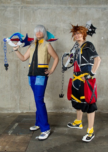 MADRID, SPAIN - MAY 07:  Cosplayer @saruskyrome (R) characterized as the Sora character of the video...