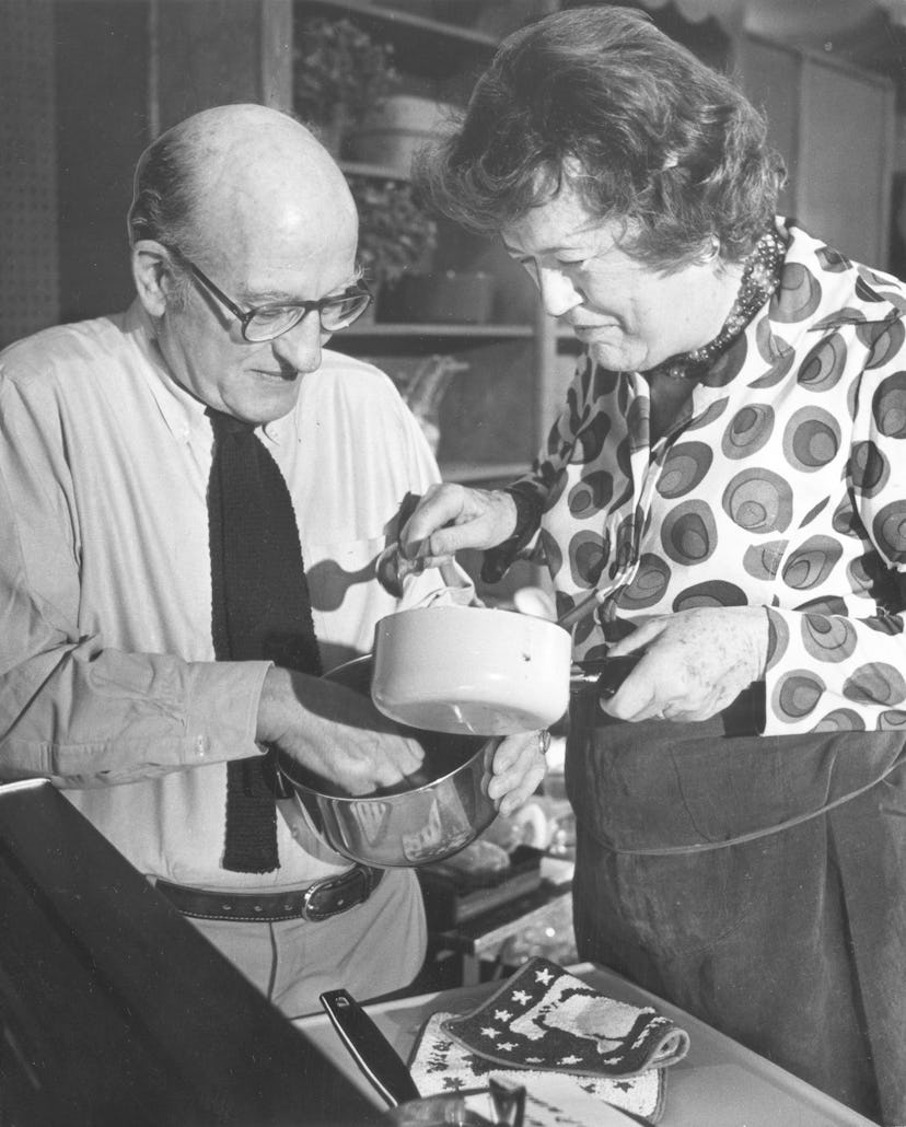 Paul and Julia Child set up for a cooking demonstration at the Shoreham Hotel on April 28, 1976. 