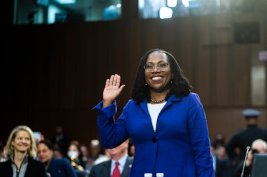 WASHINGTON, DC - MARCH 21: Supreme Court nominee Judge Ketanji Brown Jackson is sworn in for her con...