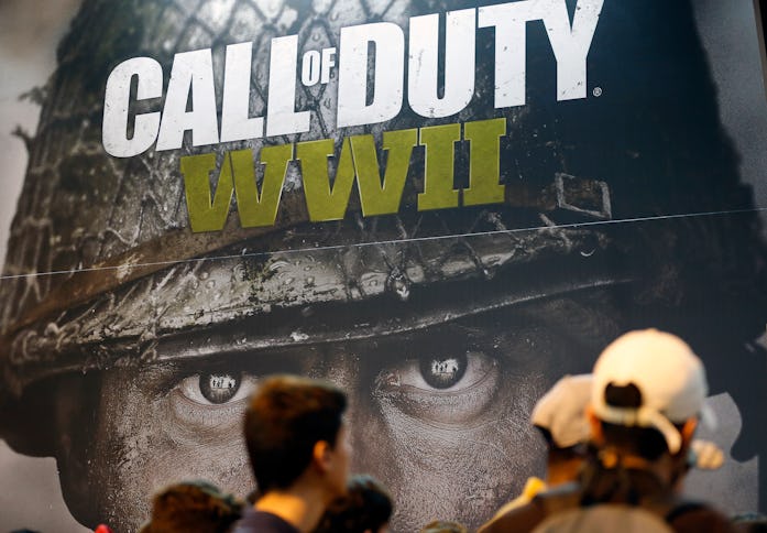 PARIS, FRANCE - NOVEMBER 04:  The logo of the video game 'Call of Duty : WWII' developed by Sledgeha...