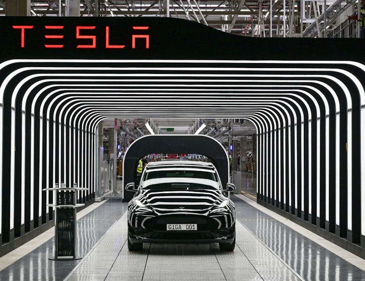 An electric vehicle of the model Y is pictured during the start of the production at Tesla's "Gigafa...