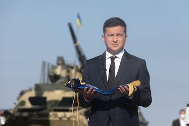 VASYLKIV, UKRAINE - 2020/08/23: President of Ukraine Volodymyr Zelensky seen during the ceremony of ...