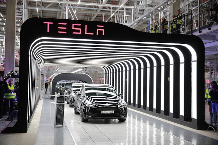 GRUENHEIDE, GERMANY - MARCH 22: Newly completed Tesla electric cars at the official opening of the n...