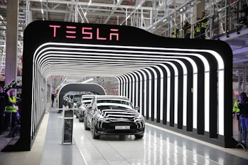 GRUENHEIDE, GERMANY - MARCH 22: Newly completed Tesla electric cars at the official opening of the n...