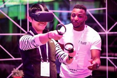 An attendee tries out the new Oculus Quest Virtual Reality (VR) gaming system at the Facebook F8 Con...
