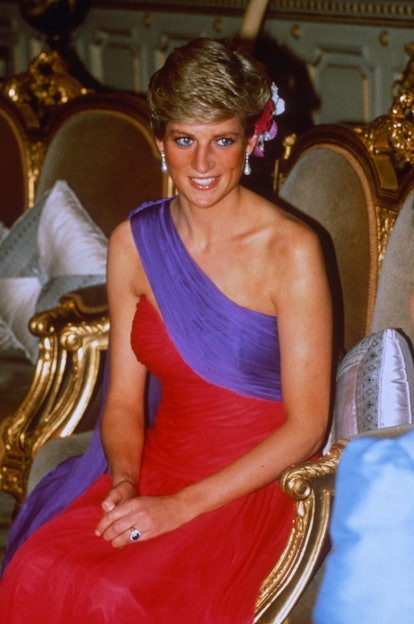 BANGKOK, THAILAND - FEBRUARY 04: Diana, Princess of Wales, wearing a red and purple chiffon evening ...