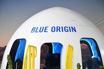 A Blue Origin capsule on display on December 11, 2021, in Van Horn, Texas. (Photo by Patrick T. FALL...