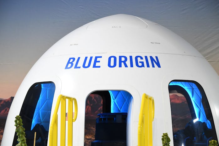 A Blue Origin capsule on display on December 11, 2021, in Van Horn, Texas. (Photo by Patrick T. FALL...
