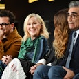 PASADENA, CALIFORNIA - JANUARY 13: (L-R) Daniel Levy, Catherine O'Hara, Annie Murphy and Eugene Levy...