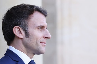 File photo taken on Feb. 28, 2022 shows French President Emmanuel Macron waiting for guests at the E...