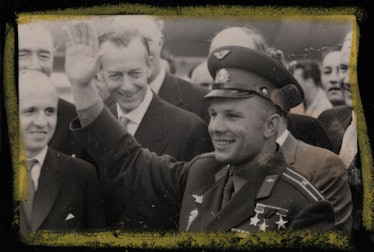 Yuri Gagarin waves to the photographers at London airport, 11th July 1961. On 12th April 1961, Yuri ...