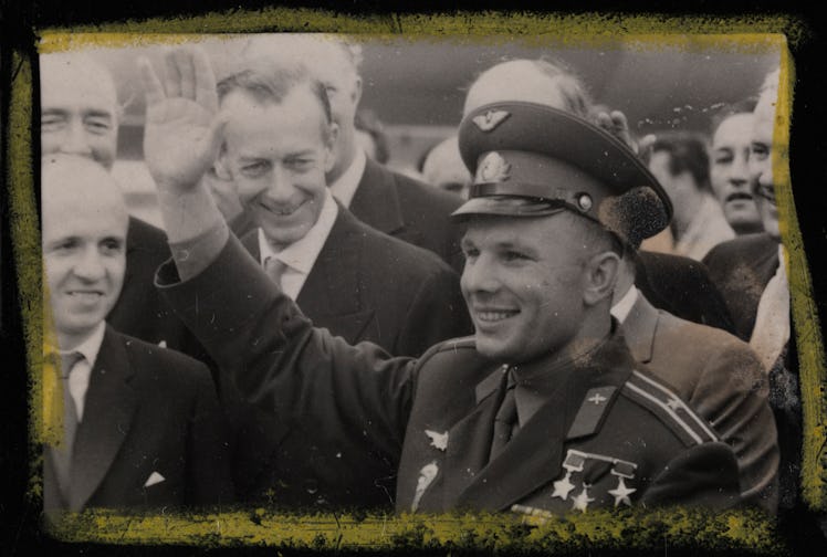 Yuri Gagarin waves to the photographers at London airport, 11th July 1961. On 12th April 1961, Yuri ...