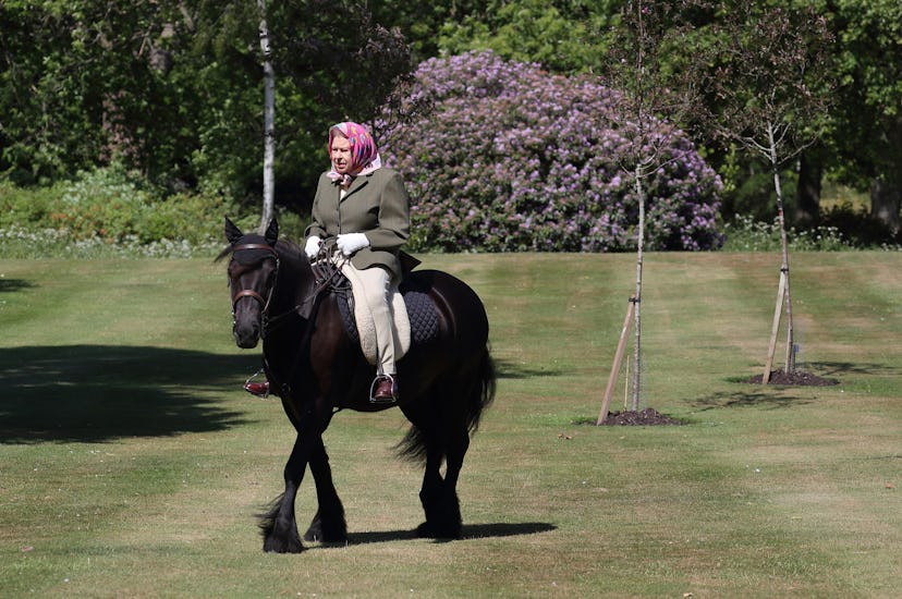 Queen Elizabeth II rides Balmoral Fern, a 14-year-old Fell Pony, in Windsor Home Park over the weeke...