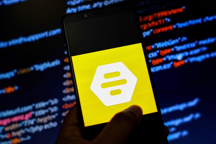 UKRAINE - 2021/08/22: In this photo illustration a Bumble logo is seen displayed on a Smartphone. (P...