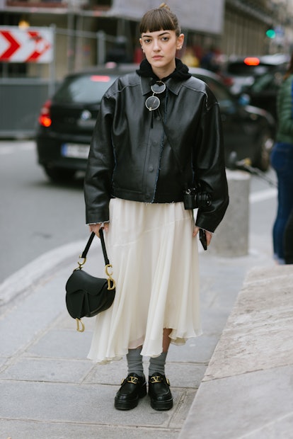 PARIS, FRANCE - MARCH 03: Laurence Fortincote poses wearing a Gauchere jacket, Dior Saddle bag and V...