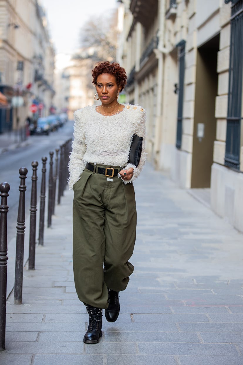 PARIS, FRANCE - MARCH 06: Sherita Starks Watkins seen wearing Balmain sweater, olive green Etro pant...