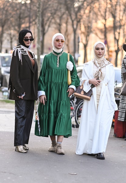 PARIS, FRANCE - MARCH 07: Guests are seen wearing hijabs outside the Giambatista Valli show during P...