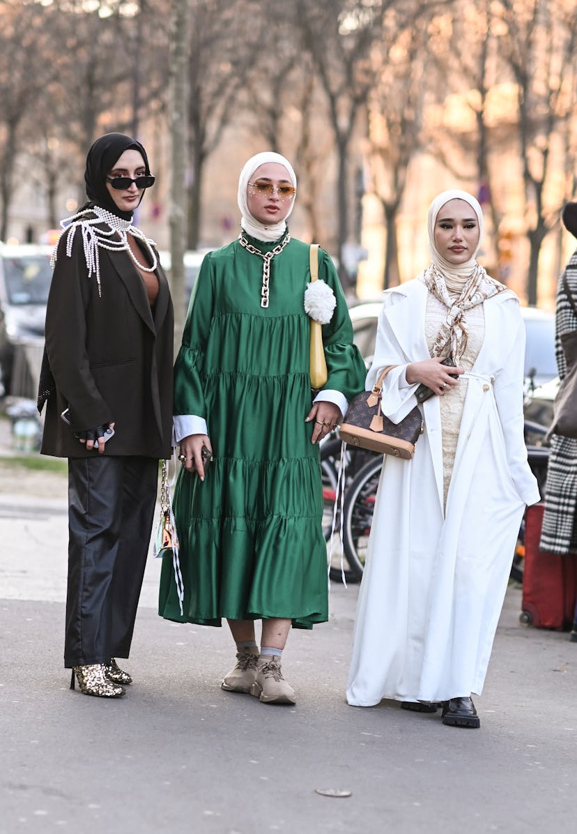 PARIS, FRANCE - MARCH 07: Guests are seen wearing hijabs outside the Giambatista Valli show during P...