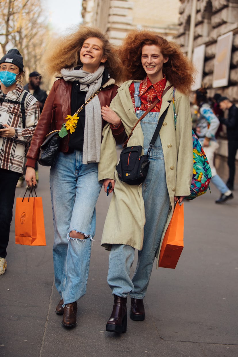 PARIS, FRANCE - MARCH 05: French models Mariam de Vinzelle and Clementine Balcaen exit the Hermes sh...