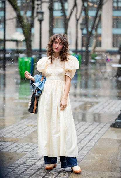 NEW YORK, NEW YORK - FEBRUARY 13: Katerina Tannenbaum seen wearing beige dress outside Ulla Johnson ...