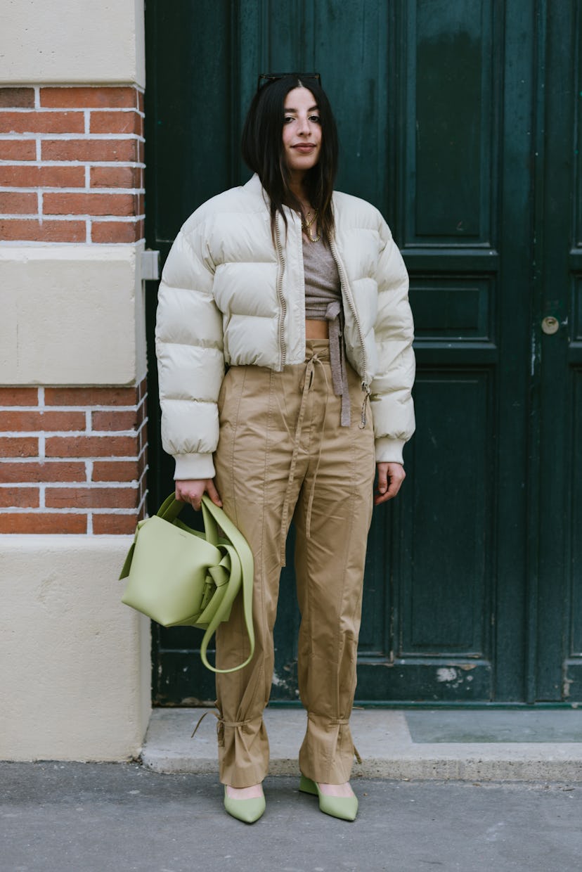 PARIS, FRANCE - MARCH 02: Selma Kaci poses wearing Acne Studios before the Acne Studios show at the ...