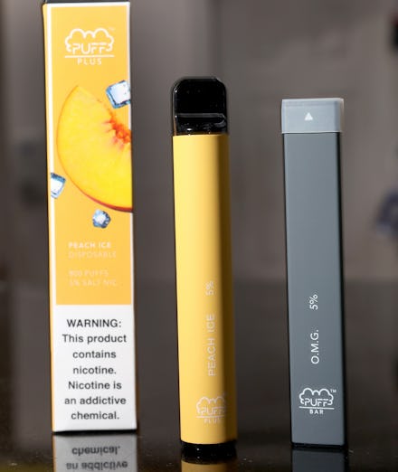 MIAMI, FLORIDA - OCTOBER 12: In this photo illustration, Puff Bar E-Cigarette products sit on a coun...