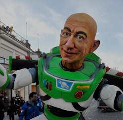 VIAREGGIO, ITALY - FEBRUARY 20: A papier-mache mask representing Amazon creator Jeff Bezos as an ast...