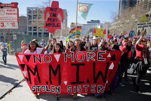 LOS ANGELES, CALIFORNIA - JANUARY 19: Activists march for missing and murdered Indigenous women at ...