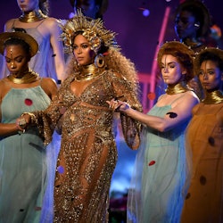 LOS ANGELES, CA - FEBRUARY 12: Beyonce performs onstage during The 59th GRAMMY Awards at STAPLES Cen...
