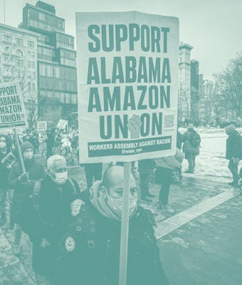 MANHATTAN, NEW YORK, UNITED STATES - 2021/02/20: Participants seen holding signs and marching on a p...