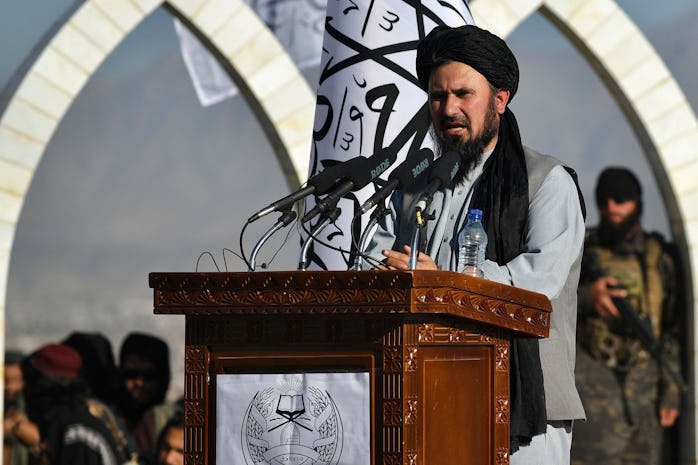 The commander of the Taliban army Qari Fasihuddin speaks during a flag hoisting ceremony of the Tali...