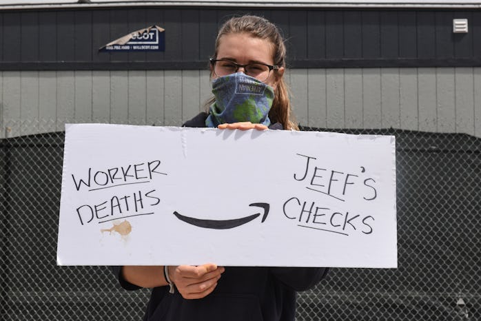 NEW YORK, NY - MAY 01: People protest working conditions outside of an Amazon warehouse fulfillment ...
