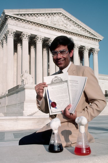 In front of the Supreme Court of the United States, Dr. Ananda Chakrabarty, the first scientist to r...