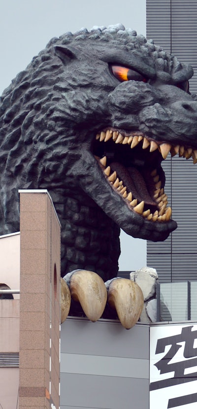 The head of Godzilla on top of a large hotel in Shinjuku, Tokyo - Japan
