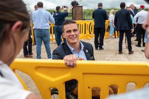US Rep. Madison Cawthorn (R-NC) speaks to reporters during a visit to the border wall near Pharr, Te...