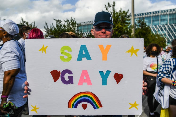 Members and supporters of the LGBTQ community attend the "Say Gay Anyway" rally in Miami Beach, Flor...