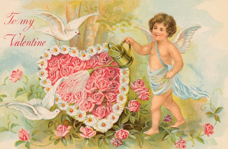 To My Valentine Postcard with Cherub Watering Flowers (Photo by �� Swim Ink 2, LLC/CORBIS/Corbis via...